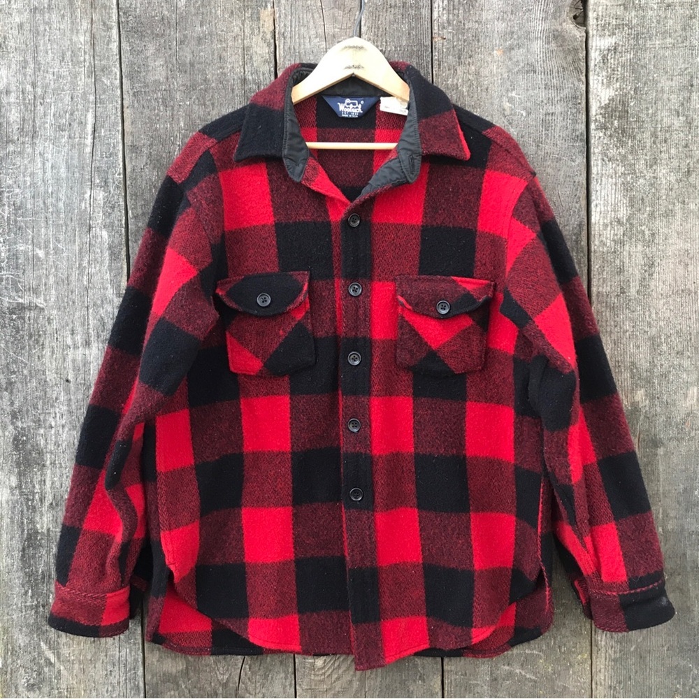 Vintage Woolrich Buffalo Check Thick Wool Flannel Shirt Jacket, Large